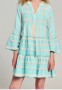Devotion Twins Embroidered Ella Tunic Dress Size Medium B Blue Off White Boho